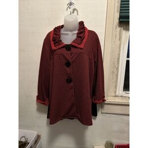 Ali Miles XL Poly Spandex 3/4 Sleeve Red Black Polka Big Button Tunic Ruffle